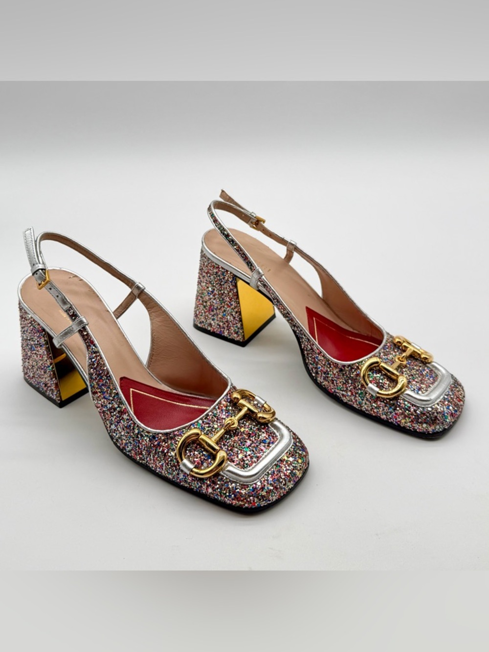 Gucci Baby Horsebit Multicolor Glittered Leather Slingback Block Heel Pumps EU38 - Picture 3 of 14